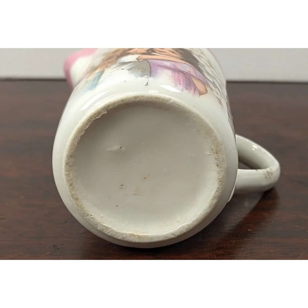 Vintage Mini Porcelain Creamer Pitcher Two Girls Floral Pink Rim 3.25